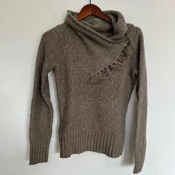 Twik Tan Asymmetric Fringe Collar Sweater Cozy Textured Knit Size S - Picture 2 of 7